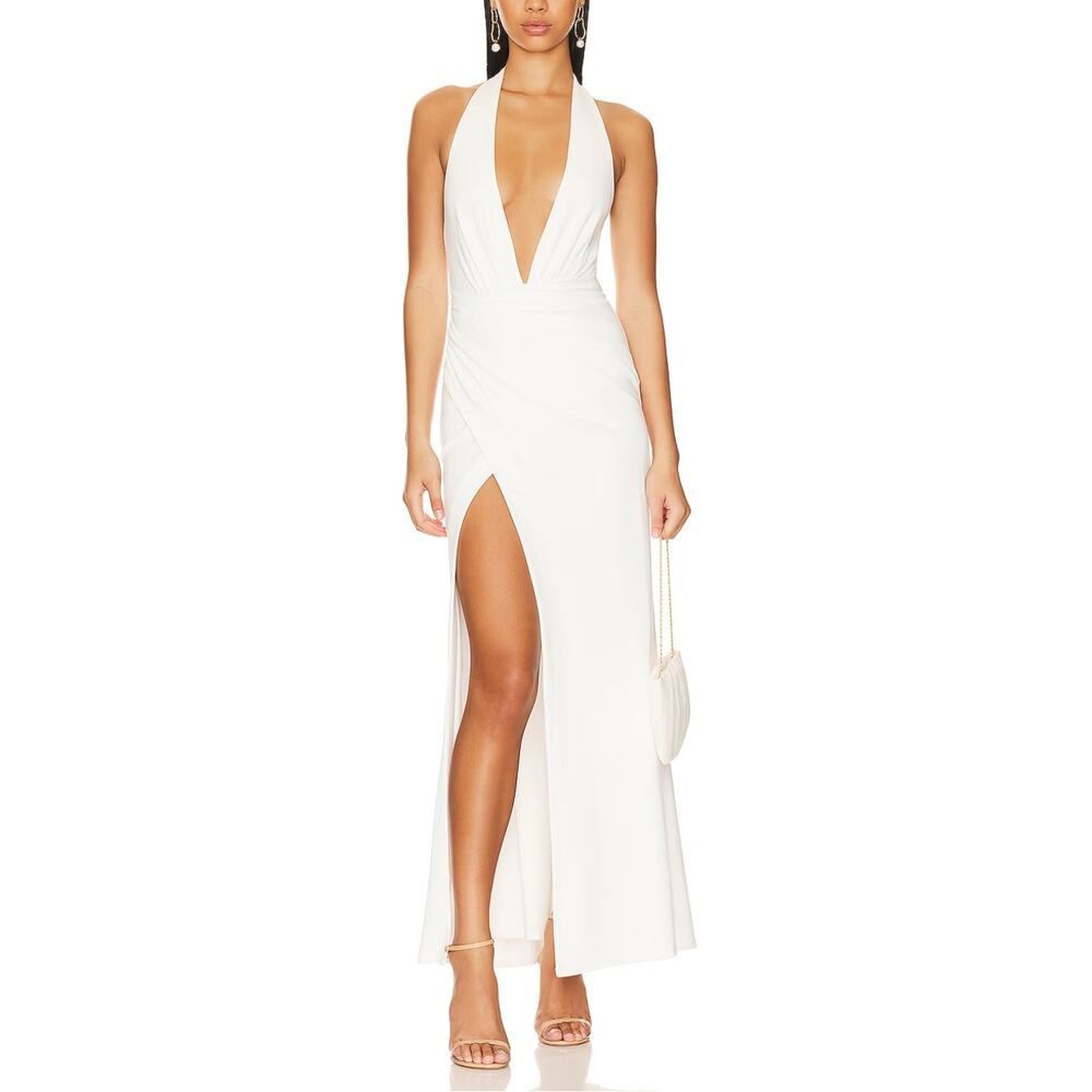 NBD White Halter Gown LARGE Marylyn Monroe Ruched Plunging Maxi Dress $288 NEW